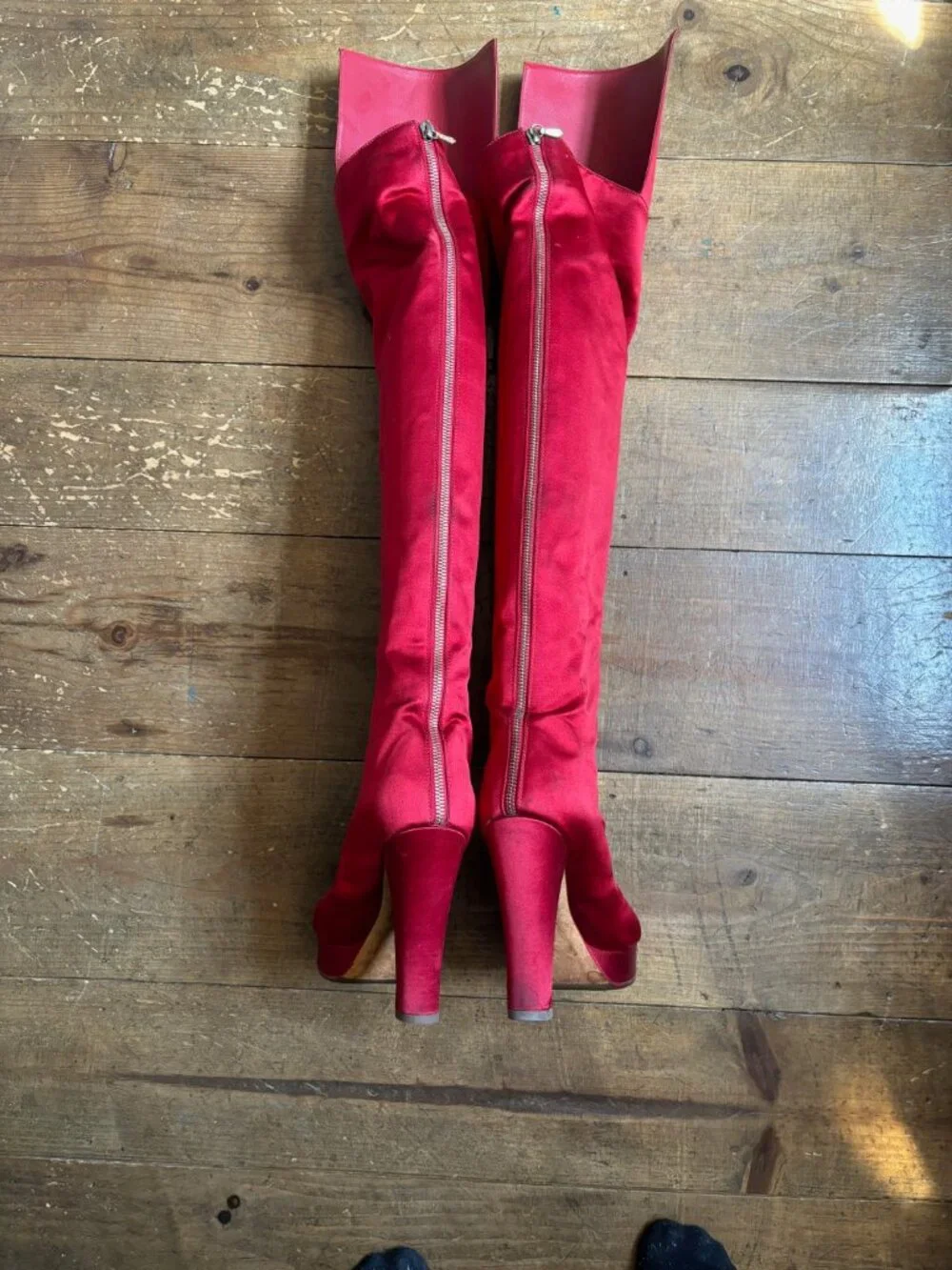 Chanel Red Satin Thigh-High  Boots Size 39 Comfortable Fit